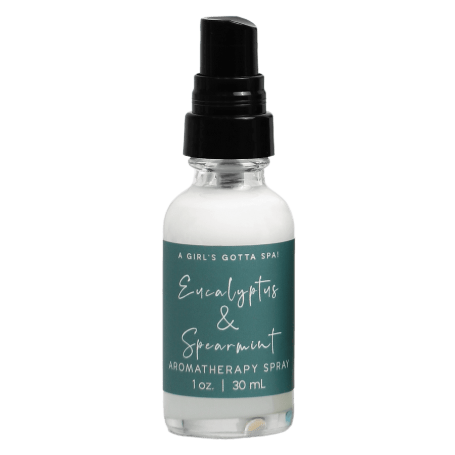 A Girl's Gotta Spa! eucalyptus and spearmint aromatherapy spray bottle with fresh, herbal scent, displayed on a neutral background.