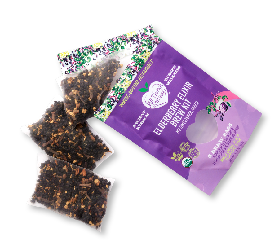 All Things Elderberry Elderberry Syrup DIY Kit with ingredients and bottles for making homemade elderberry syrup.