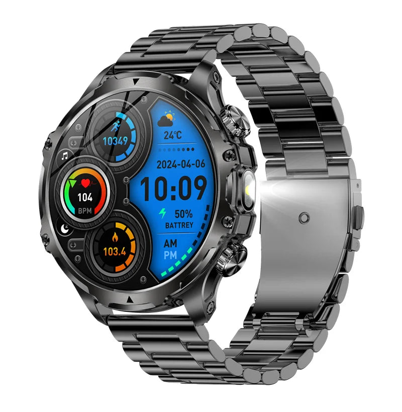 American Smart AK75 black steel smartwatch with LED flashlight, fitness tracker, large battery, and BT calling for men outdoors.