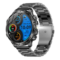 American Smart AK75 black steel smartwatch with LED flashlight, fitness tracker, large battery, and BT calling for men outdoors.
