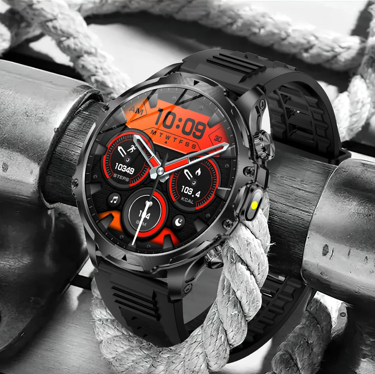American Smart AK75 smartwatch in black steel with LED flashlight, fitness tracker, large battery, BT calling, designed for outdoor sports.