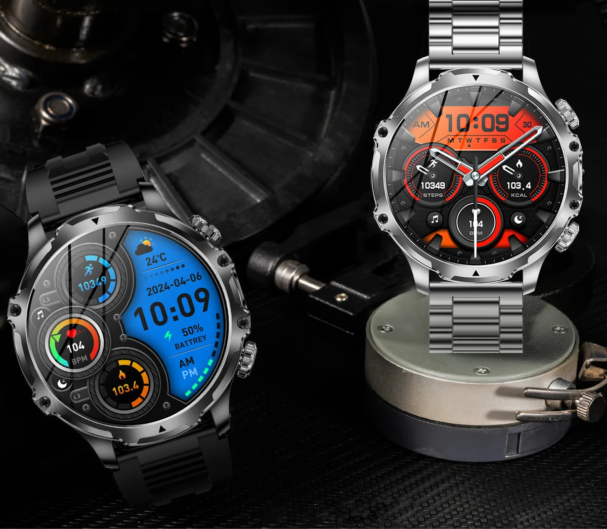 American Smart AK75 black steel smartwatch with flashlight, fitness tracker, large battery, Bluetooth calling, LED light for men outdoors.