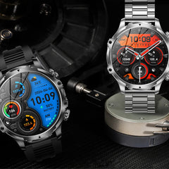 American Smart AK75 black steel smartwatch with flashlight, fitness tracker, large battery, Bluetooth calling, LED light for men outdoors.