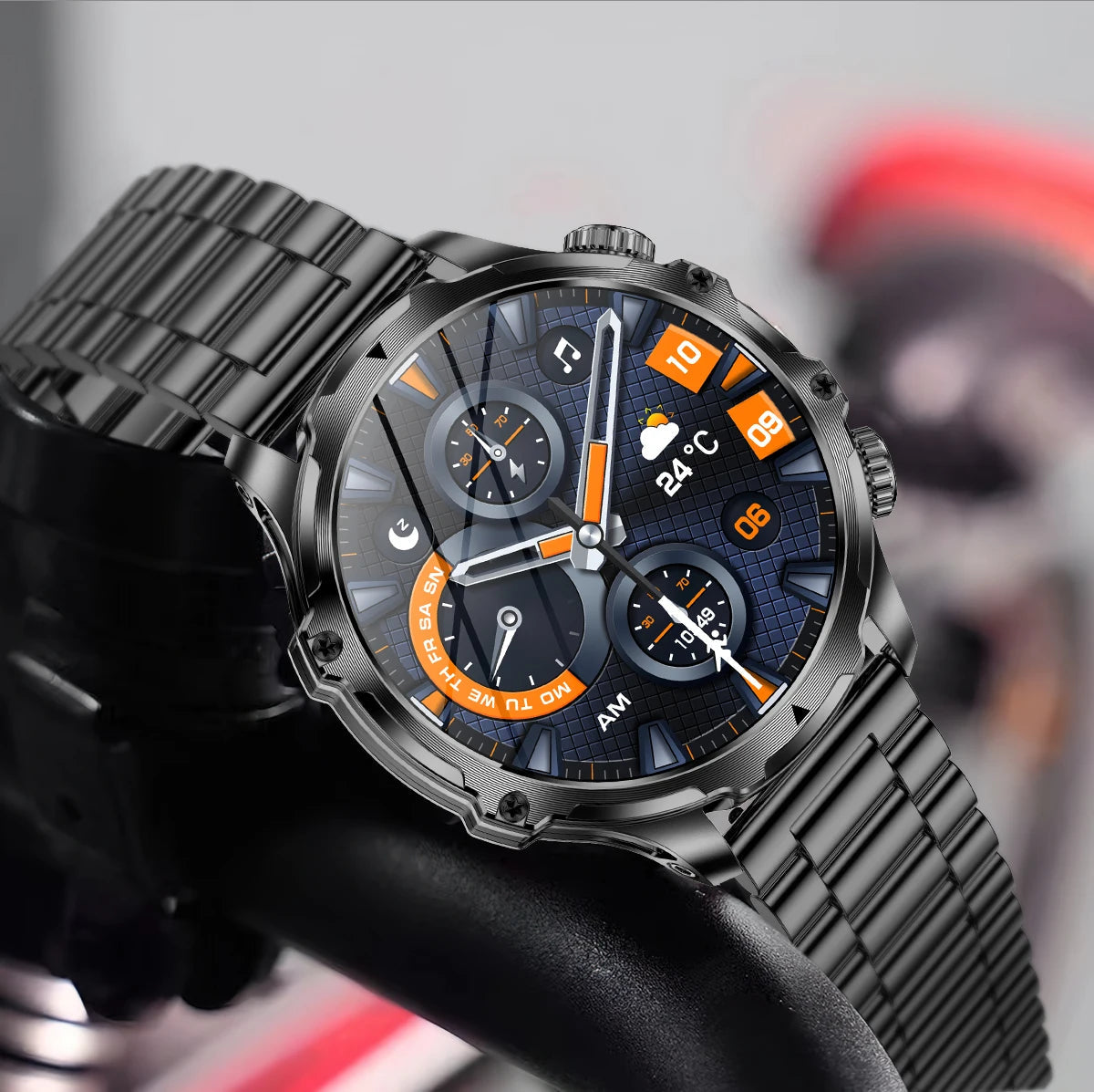 American Smart AK75 black steel smartwatch with flashlight, fitness tracker, large battery, BT calling, LED light, and outdoor sports features.