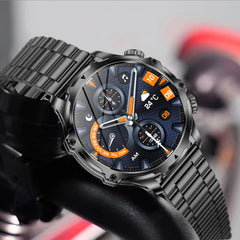 American Smart AK75 black steel smartwatch with flashlight, fitness tracker, large battery, BT calling, LED light, and outdoor sports features.