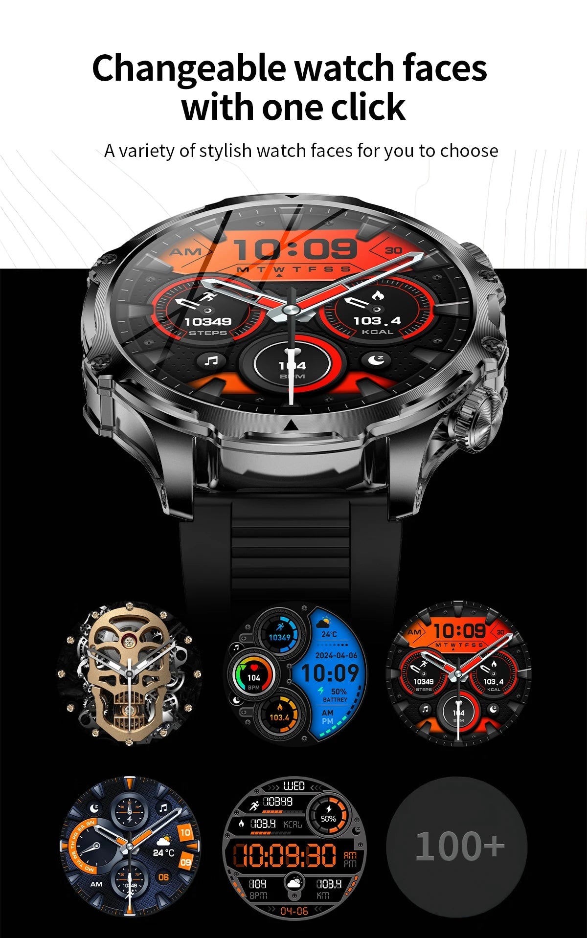 American Smart AK75 black steel smartwatch with flashlight, fitness tracker, large battery, Bluetooth calling, and LED light for outdoor sports.