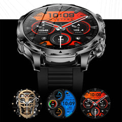 American Smart AK75 black steel smartwatch with flashlight, fitness tracker, large battery, Bluetooth calling, and LED light for outdoor sports.