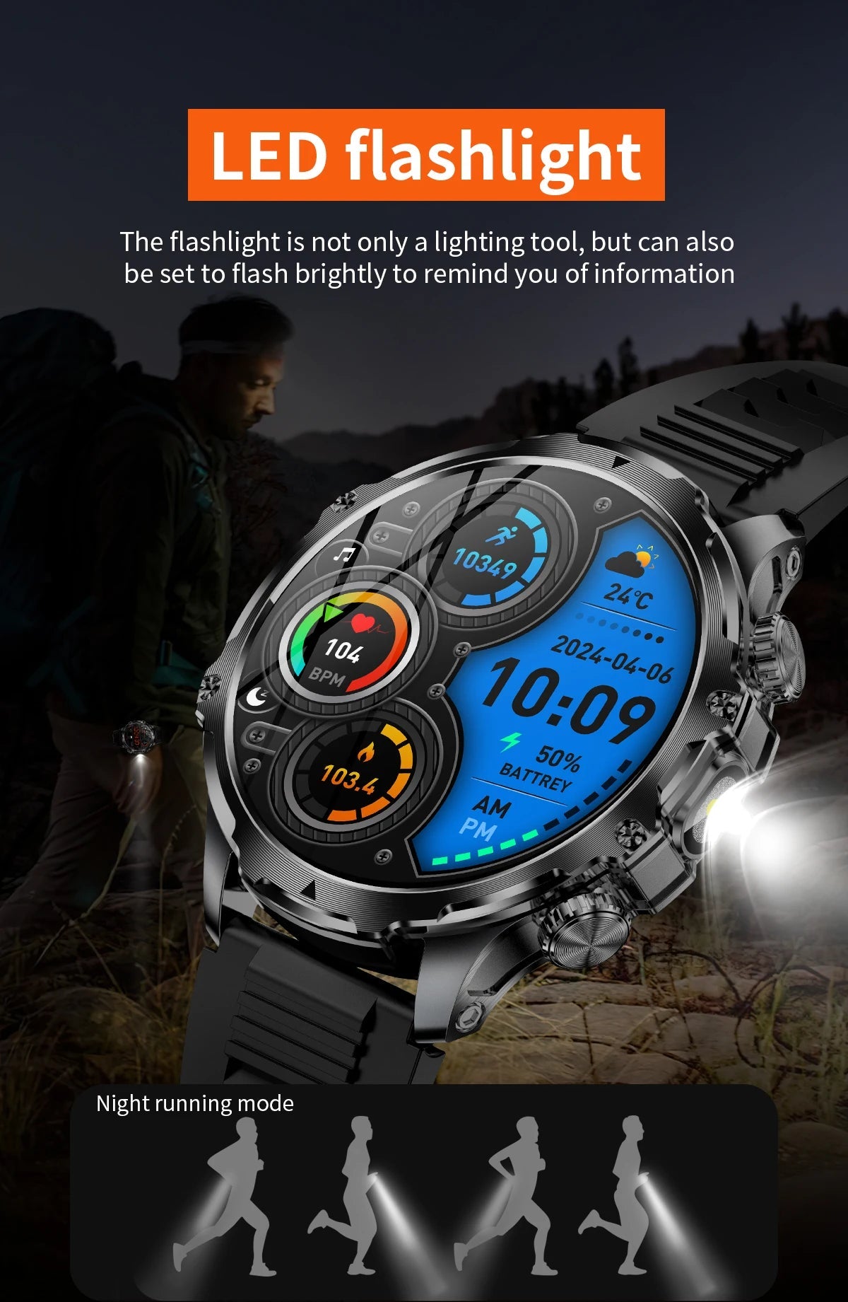 American Smart AK75 black steel smartwatch with LED flashlight, fitness tracker, large battery, BT calling, and outdoor sports features.