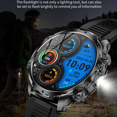 American Smart AK75 black steel smartwatch with LED flashlight, fitness tracker, large battery, BT calling, and outdoor sports features.