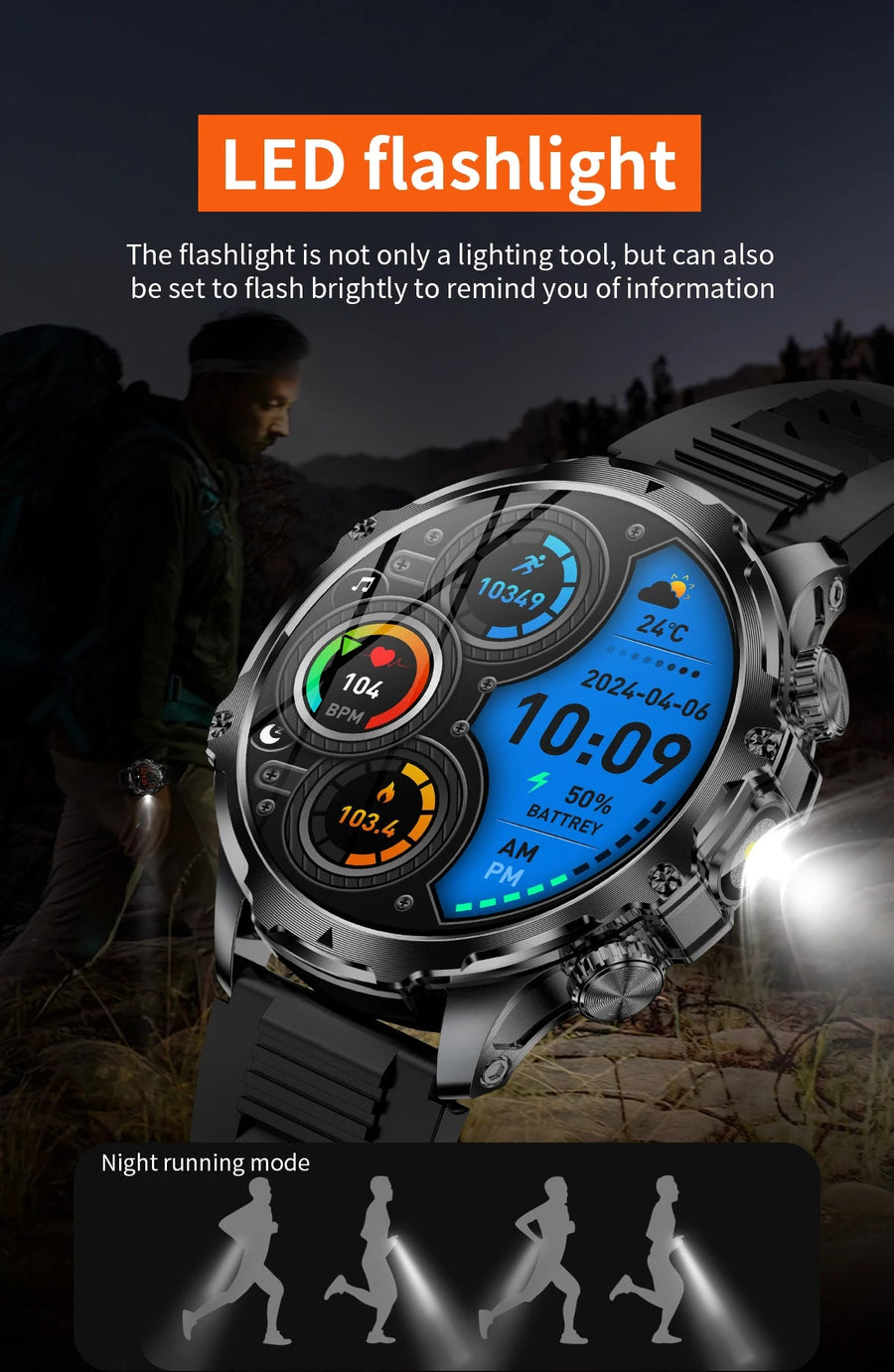 American Smart AK75 black steel smartwatch with LED flashlight, fitness tracker, large battery, BT calling, and outdoor sports features.