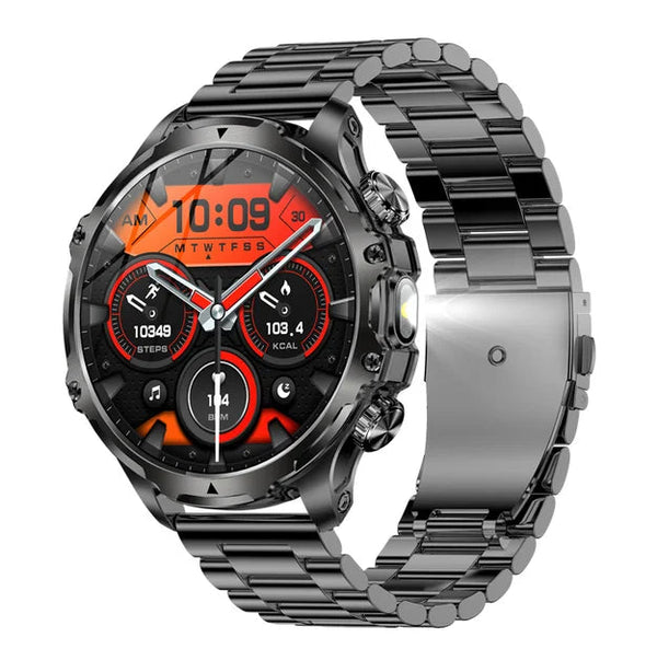 American Smart AK75 smartwatch with black steel band, LED flashlight, fitness tracker, large battery, and Bluetooth calling feature.