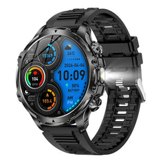 American Smart AK75 black steel smartwatch with flashlight, fitness tracker, large battery, Bluetooth calling, and LED light display.