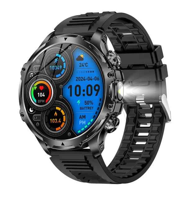 American Smart AK75 black steel smartwatch with flashlight, fitness tracker, large battery, Bluetooth calling, and LED light display.