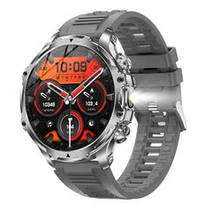 American Smart AK75 black steel smartwatch with LED flashlight, fitness tracker, large 700mAh battery, BT calling, for men outdoors.