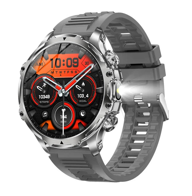 American Smart AK75 black steel smartwatch with LED flashlight, fitness tracker, large 700mAh battery, BT calling, for men outdoors.