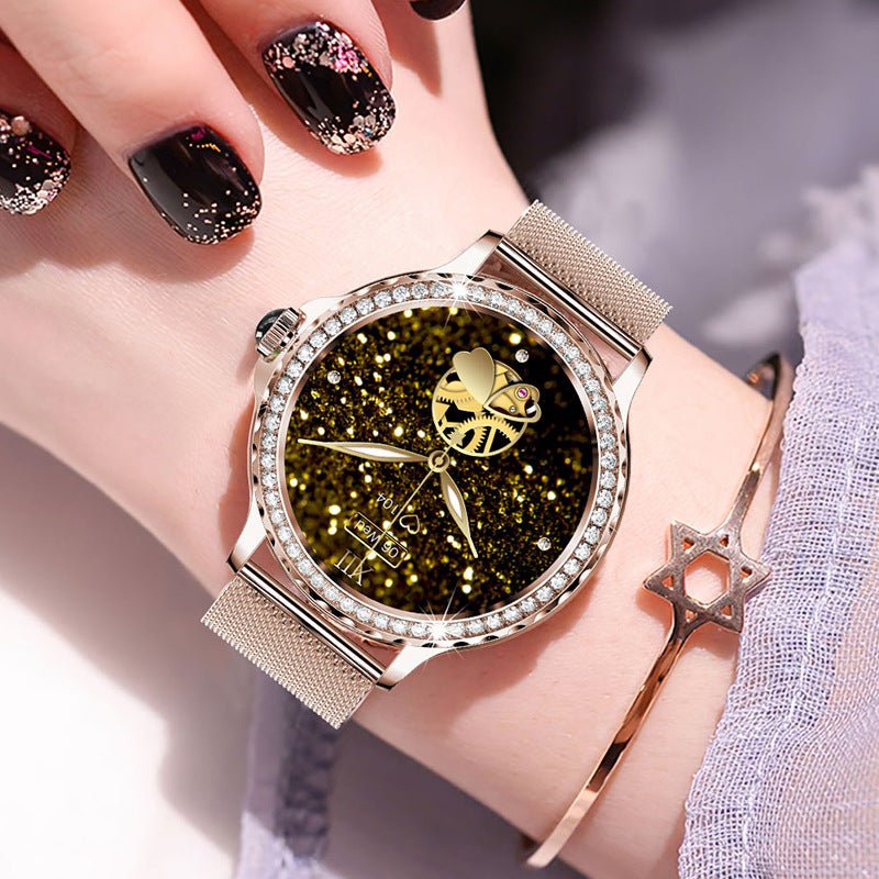 Mandotos Bluetooth calling smart fitness bracelet with waterproof design and diamond accents, displayed on a wrist.