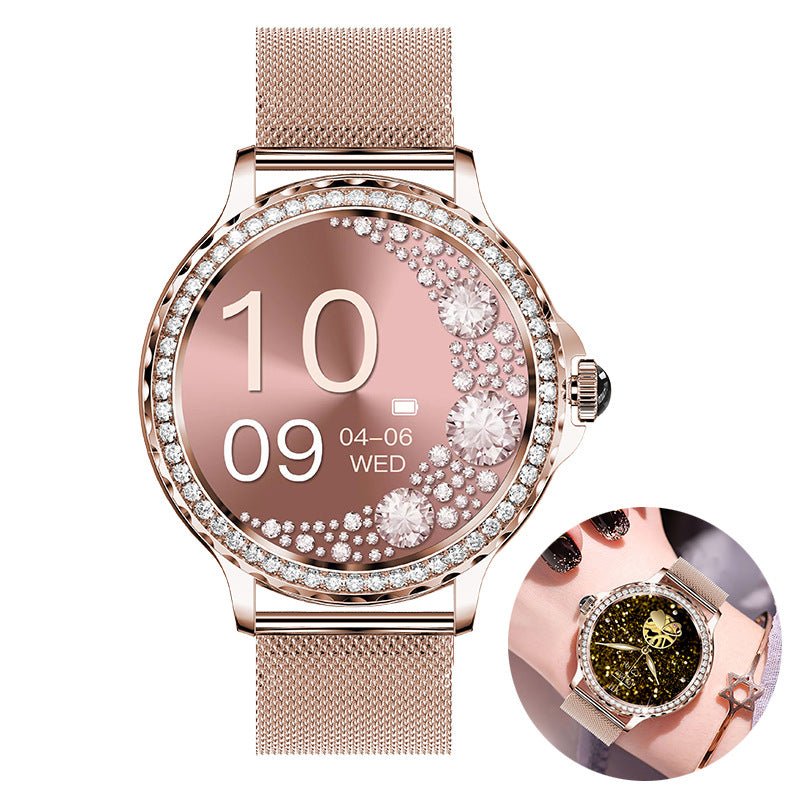 Mandotos Bluetooth calling smart fitness bracelet with waterproof design and diamond accents, displaying digital watch face and sleek band.