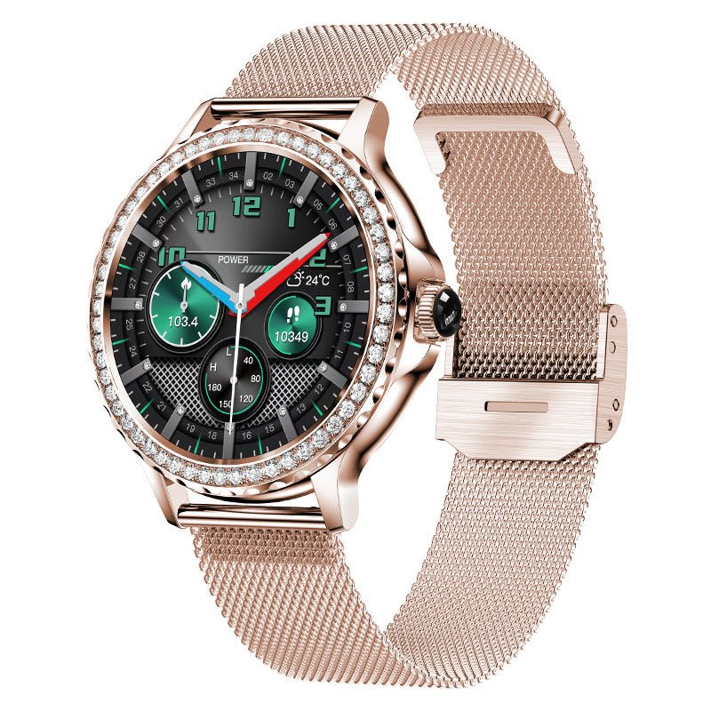 Mandotos Bluetooth calling smart fitness bracelet with waterproof design and diamond accents, displayed on a wrist.