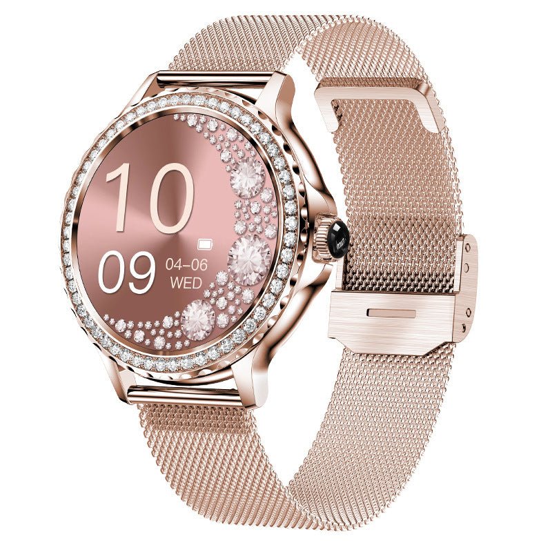 Mandotos Bluetooth calling smart fitness bracelet with waterproof design and diamond accents, showing its sleek watch face and band.