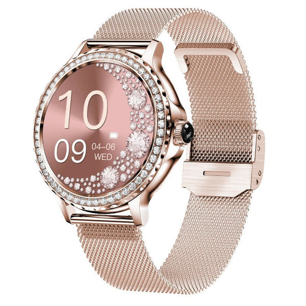 Mandotos Bluetooth calling smart fitness bracelet with waterproof design and diamond accents, showing its sleek watch face and band.