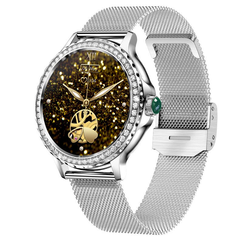 Mandotos Bluetooth calling smart fitness bracelet with waterproof design and diamond accents, displaying digital screen and sleek band.