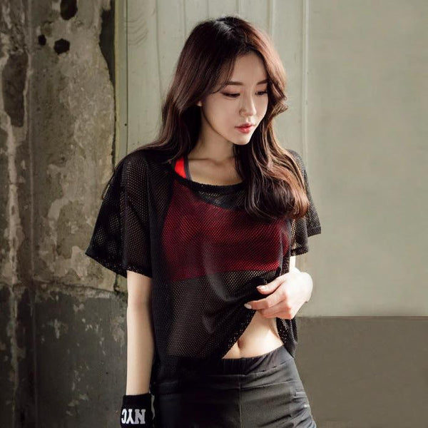 Mandotos women's yoga shirt with hollow out mesh design, crop top, breathable sports running t-shirt, ideal for fitness and gym.