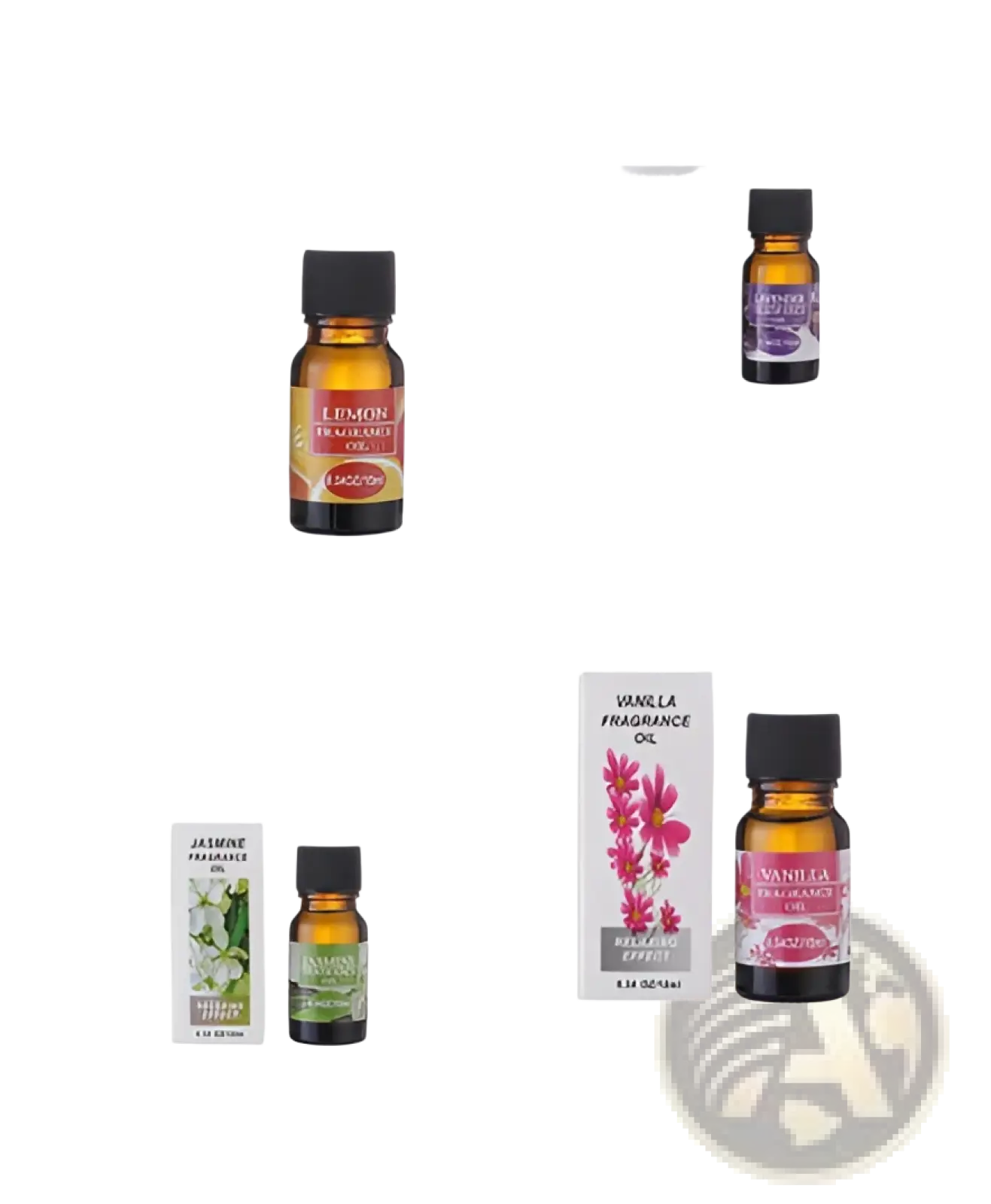 Set of four 10ml aromatherapy essential oils by ARBA Global for humidifiers, in colorful bottles for relaxation and wellness.