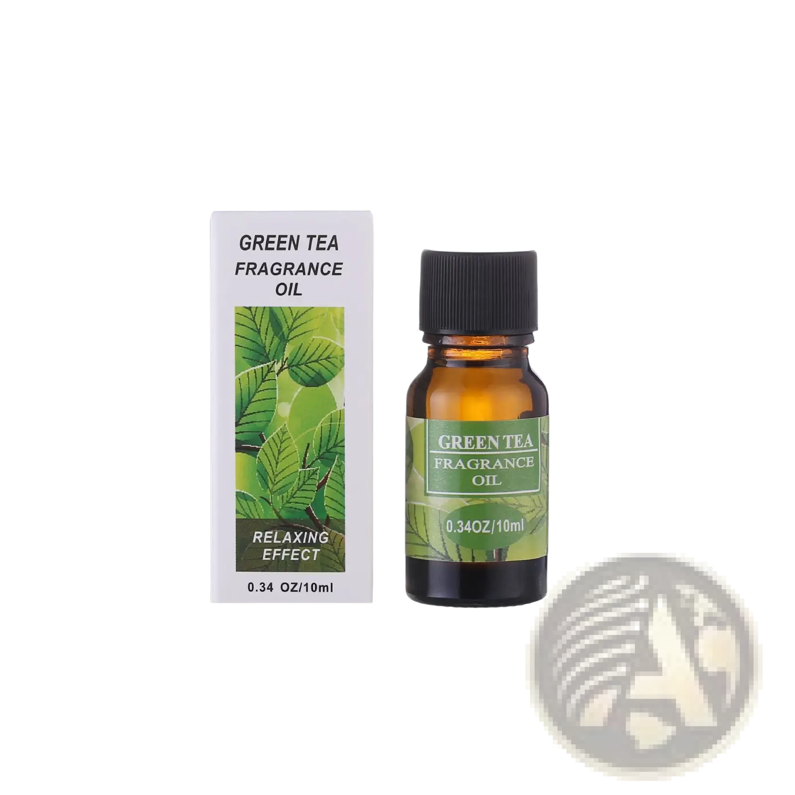 Green tea aromatherapy essential oil bottle for humidifiers, 10ml, from ARBA Global, in a beauty and personal care setting.