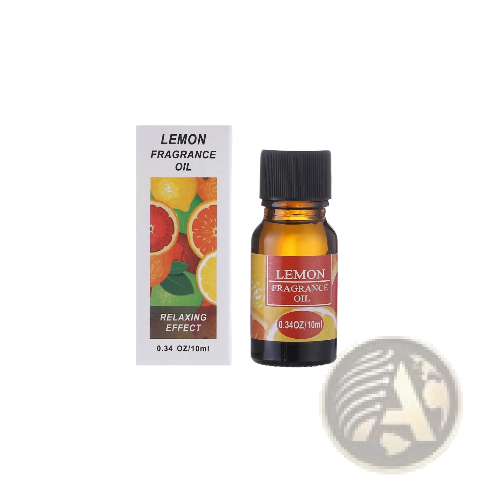 A 10ml bottle of ARBA Global aromatherapy essential oil with lemon scent for humidifiers, in a clear glass bottle with a black cap.