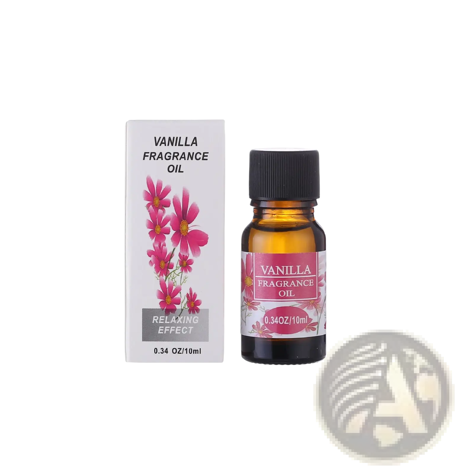 A 10ml bottle of vanilla aromatherapy essential oil by ARBA Global for humidifiers, in a clear glass bottle with a black cap.