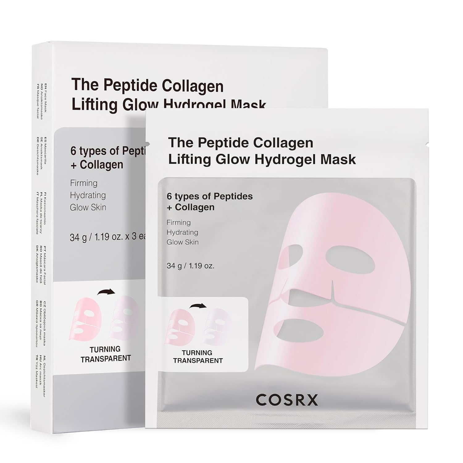 Cosrx The Peptide Collagen Lifting Glow Hydrogel Mask applied on face, hydrating and lifting skin with peptide and collagen ingredients.