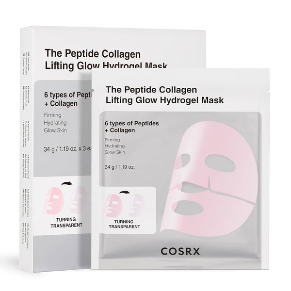 Cosrx The Peptide Collagen Lifting Glow Hydrogel Mask applied on face, hydrating and lifting skin with peptide and collagen ingredients.