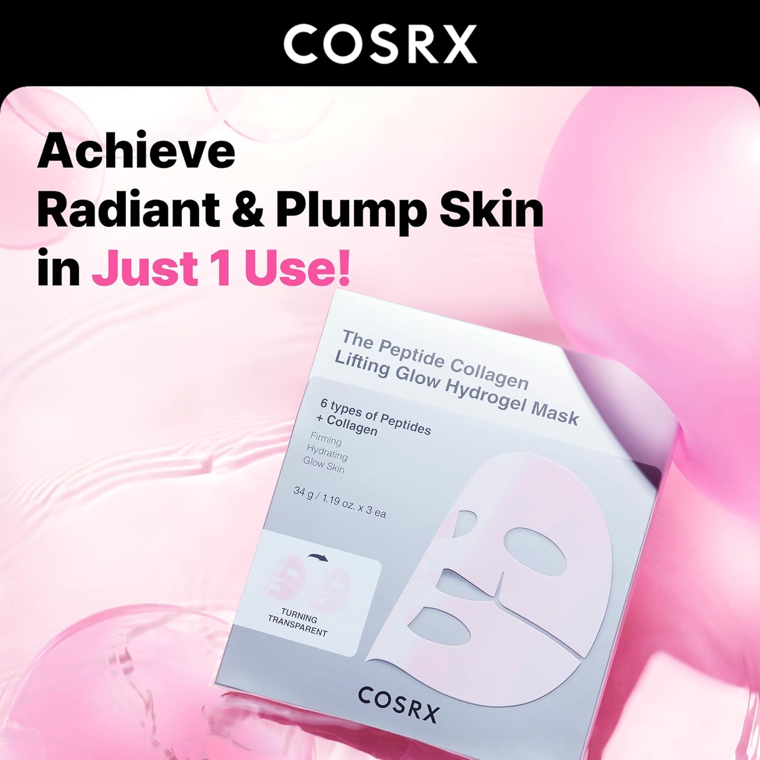Cosrx The Peptide Collagen Lifting Glow Hydrogel Mask, facial mask with peptides and collagen for skin lifting and glow.