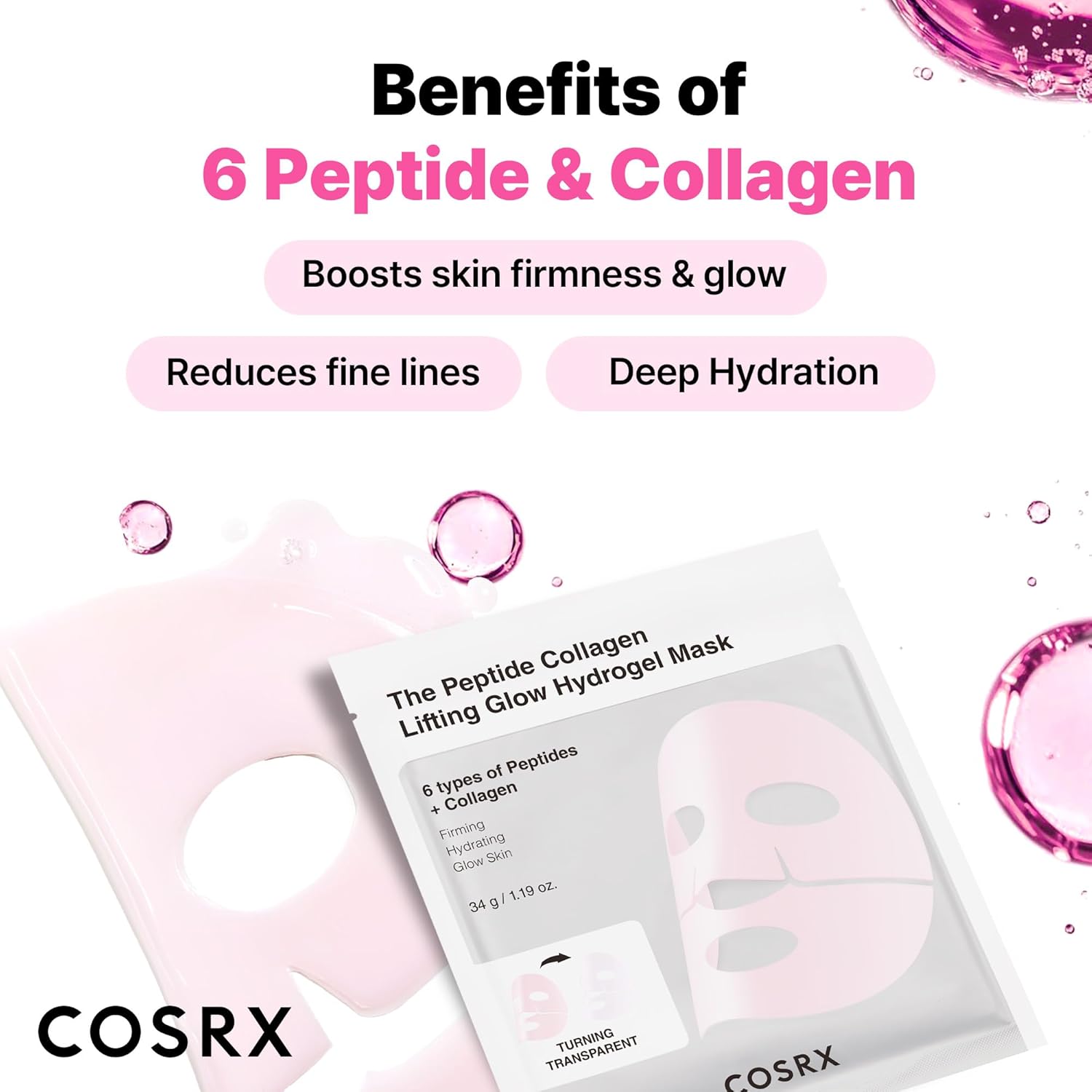 Cosrx The Peptide Collagen Lifting Glow Hydrogel Mask, a face mask with peptides and collagen for skin lifting and glow.