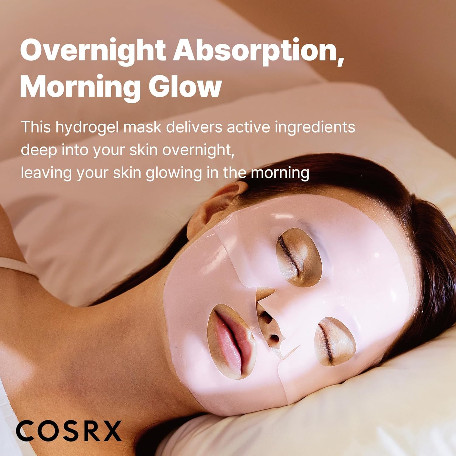 Cosrx Peptide Collagen Lifting Glow Hydrogel Face Mask for firm and radiant skin, shown on a model's face.