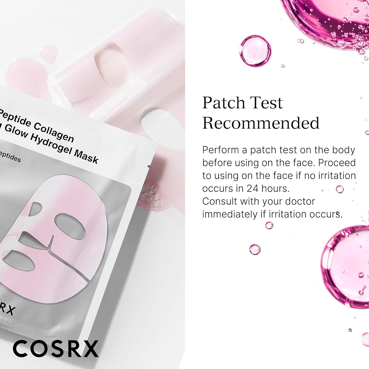 Cosrx The Peptide Collagen Lifting Glow Hydrogel Mask, a face mask for firming and brightening skin, displayed on a model's face.