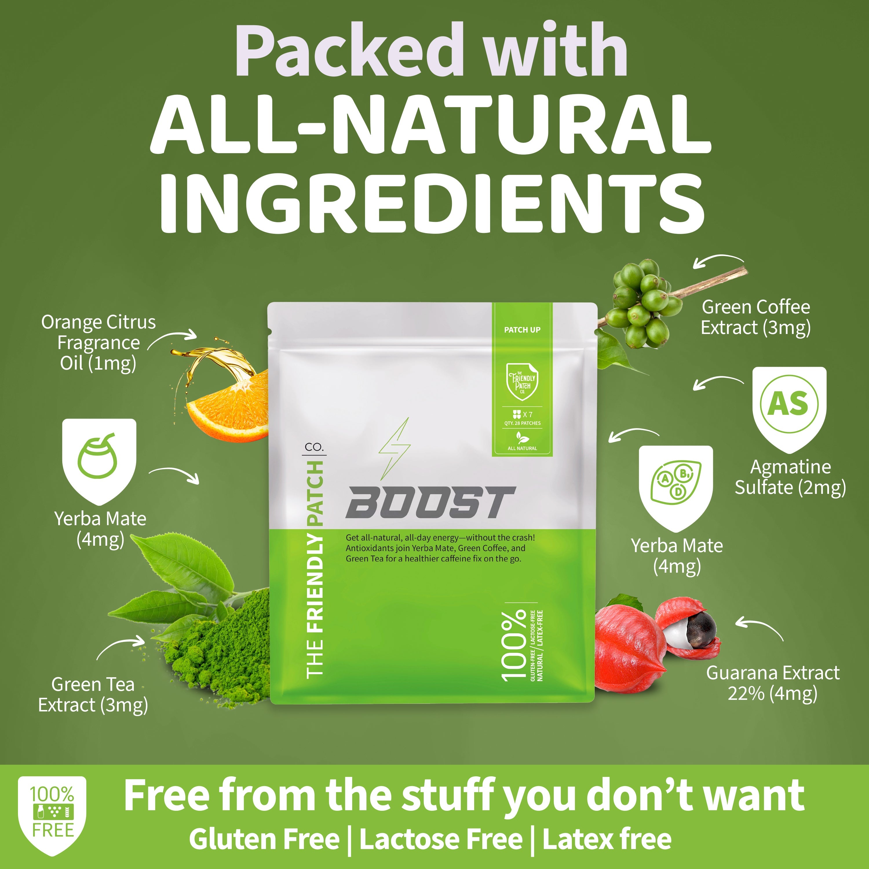 Friendly Patch Co Boost Energy patches with caffeine, guarana, and green tea for natural energy support, shown in the image.