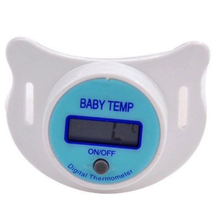 Pink Baby Joy digital thermometer shaped like a baby pacifier, designed for accurate temperature reading for infants.