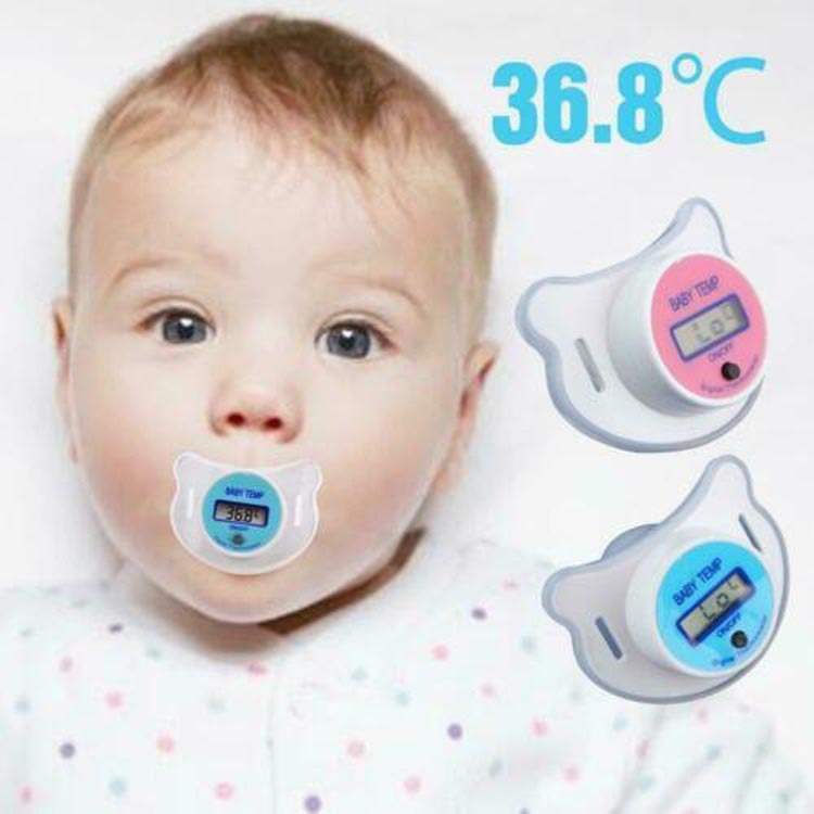 Pink Baby Joy digital thermometer shaped like a baby pacifier for accurate temperature readings in infants and toddlers.