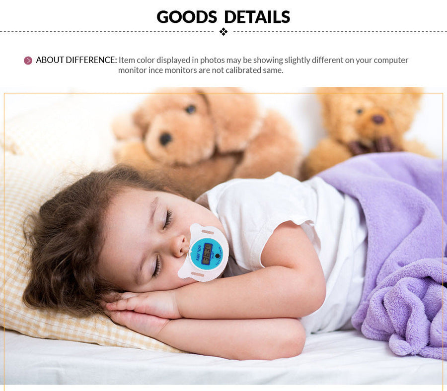 Pink Baby Joy digital thermometer shaped like a baby pacifier, designed for accurate temperature reading for infants.