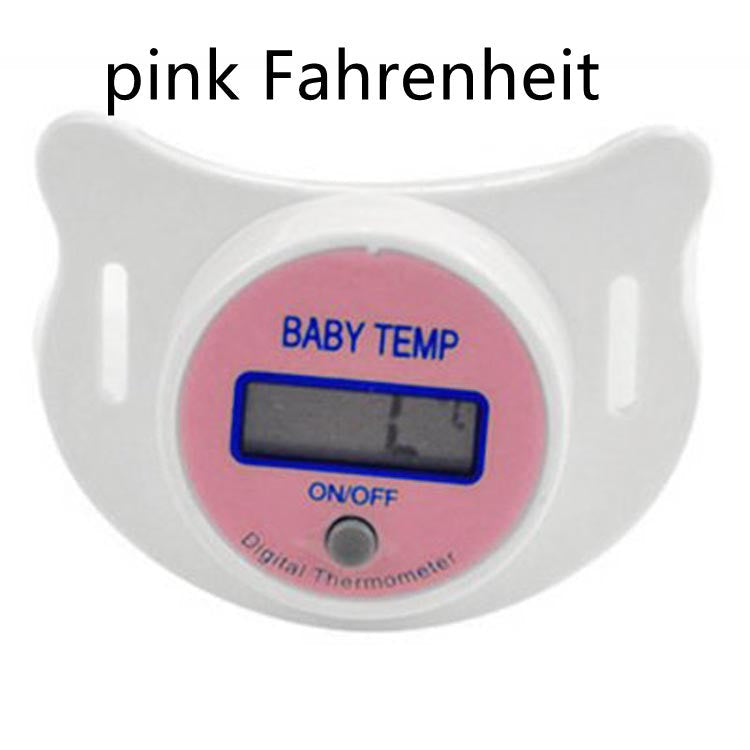 Pink Baby Joy digital thermometer shaped like a baby pacifier, designed for accurate temperature readings for infants.