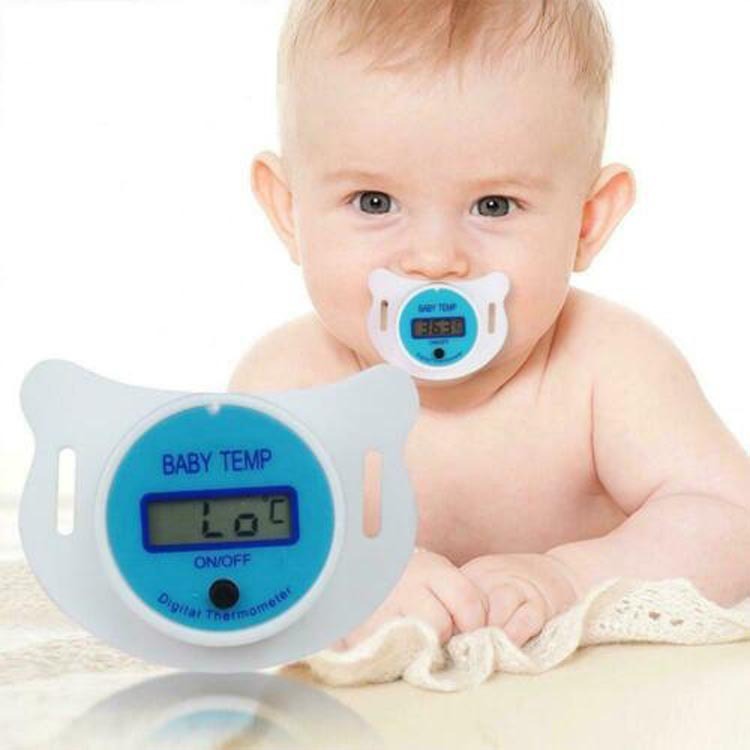 Pink Baby Joy pacifier digital thermometer for infants, showing a soft silicone pacifier with integrated temperature display.