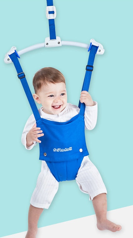 Pink children's bounce fitness frame by Baby Joy with safety handles, designed for fun and active exercise for kids.