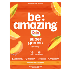 Be Amazing Super Greens powder in a sunny D tangy flavor, showing the packaging with 25 servings of super greens supplement.
