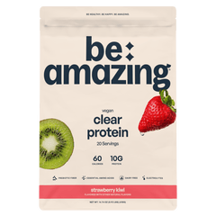 Clear vegan protein powder by Be Amazing in lemon-lime flavor, shown in a resealable container with lemon and lime slices.