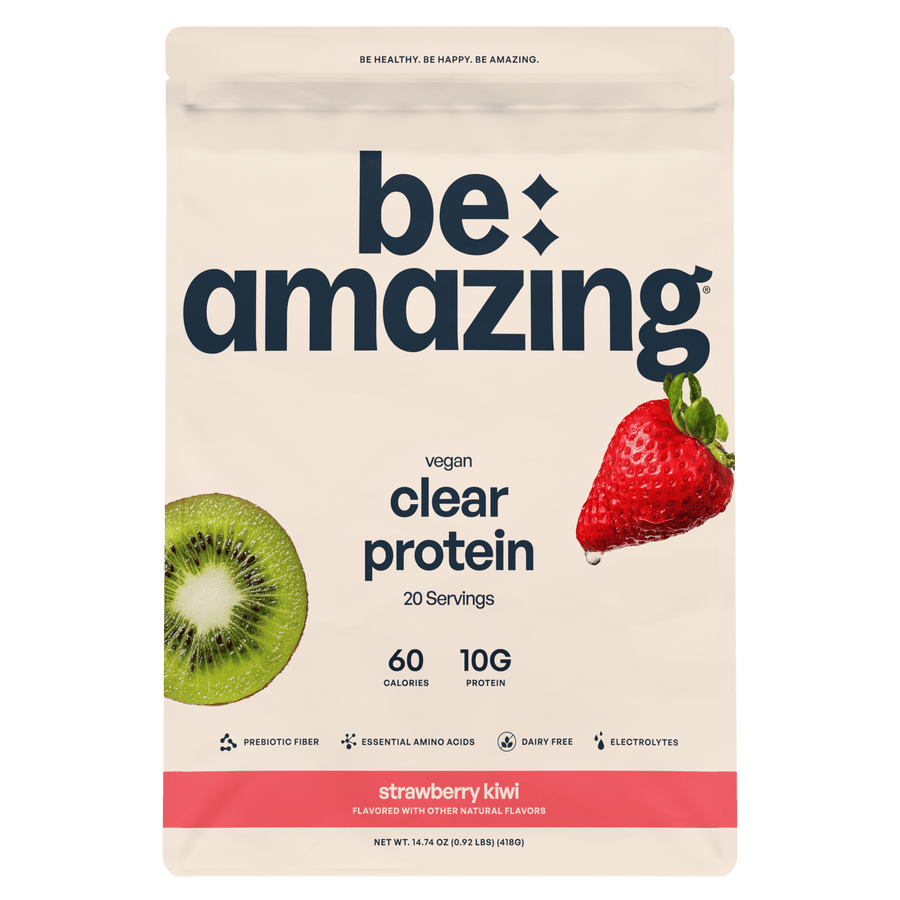 Clear vegan protein powder by Be Amazing in lemon-lime flavor, shown in a resealable container with lemon and lime slices.