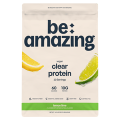 Be Amazing Clear Vegan Protein in lemon-lime flavor, showing the protein powder scoop and bright packaging.