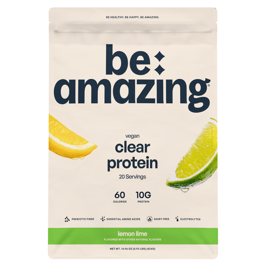Be Amazing Clear Vegan Protein in lemon-lime flavor, showing the protein powder scoop and bright packaging.