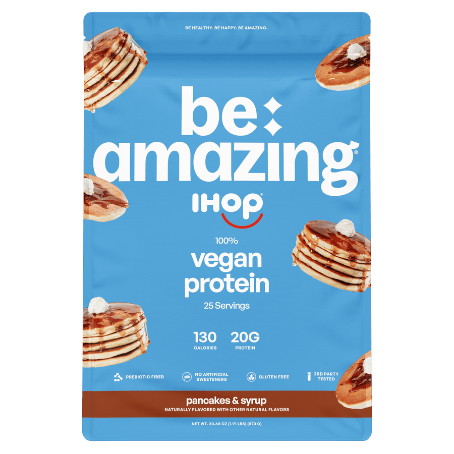 Be Amazing vegan protein powder container with Dole Whip Pineapple flavor, 25 servings, healthy plant-based protein supplement.