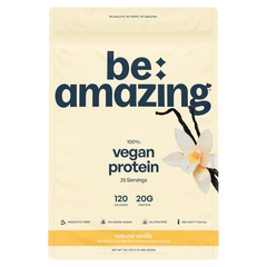 Be Amazing vegan protein powder with Dole Whip Pineapple flavor, showing a jar of vegan protein powder with pineapple imagery.